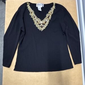 Women's Black long sleeve top with gold beaded neckline glam